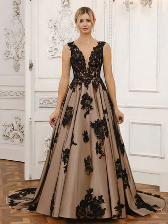 ゴシックウェディングドレスレースAラインノースリーブトレーンブライダルドレス無料カスタマイズ