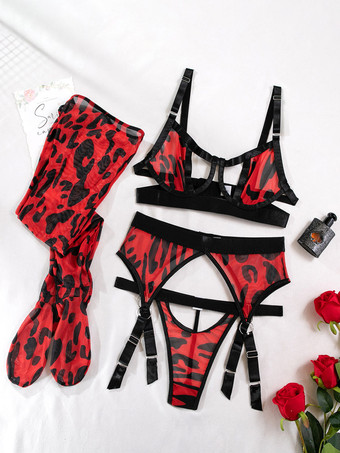 レッド ブラジャー パンティ セット ピンク カットアウト ヒョウ柄 薄手 4点セット セクシー 大人用 ランジェリー