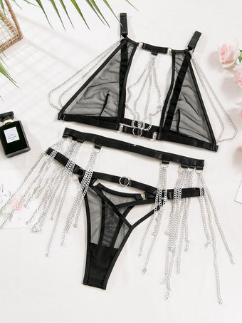 ブラジャー パンティ セット ブラック メタルディテール 3 点 薄手 大人のセクシー ランジェリー
