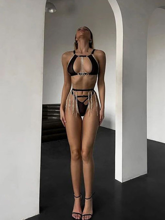 ブラジャー パンティ セット ブラック メタルディテール 3 点 薄手 大人のセクシー ランジェリー