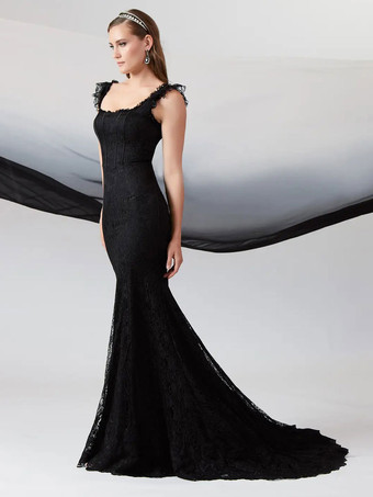 黒のウェディングドレスマーメイドノースリーブレーストレインブライダルドレス無料カスタマイズ