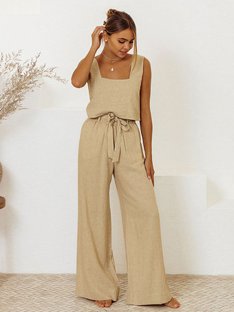 カーキ パンツセット ホワイト カジュアル デイリー カジュアル レースアップ コットン リネン 2 点セット