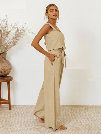 パンツセット ホワイト カジュアル デイリー カジュアル レースアップ コットン リネン 2 点セット