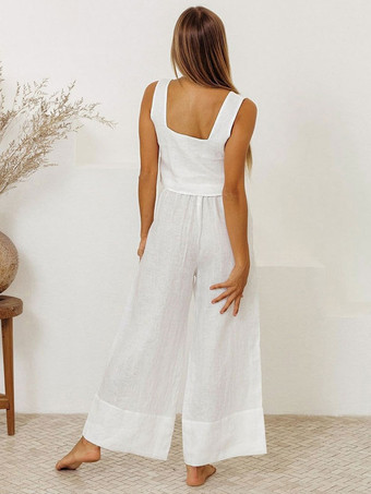 パンツセット ホワイト カジュアル デイリー カジュアル レースアップ コットン リネン 2 点セット