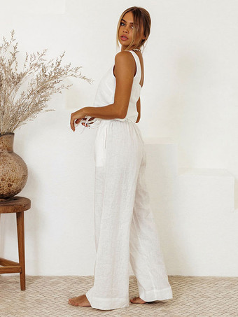 パンツセット ホワイト カジュアル デイリー カジュアル レースアップ コットン リネン 2 点セット