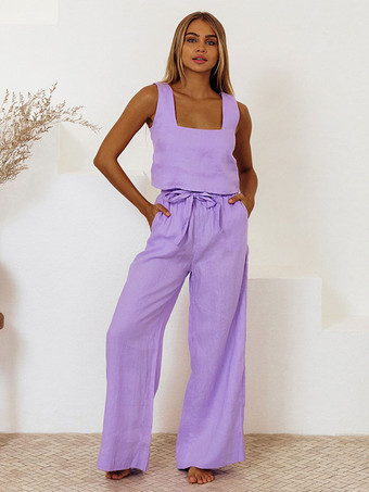 パープル パンツセット ホワイト カジュアル デイリー カジュアル レースアップ コットン リネン 2 点セット