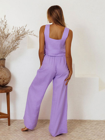 パンツセット ホワイト カジュアル デイリー カジュアル レースアップ コットン リネン 2 点セット