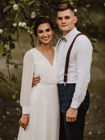 シンプルなウェディングドレス A ライン V ネック長袖ブライダルドレス無料カスタマイズ