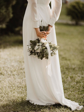 シンプルなウェディングドレス A ライン V ネック長袖ブライダルドレス無料カスタマイズ