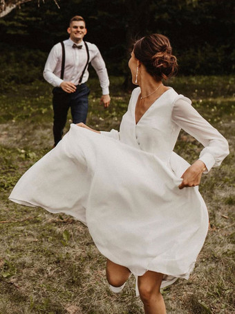 シンプルなウェディングドレス A ライン V ネック長袖ブライダルドレス無料カスタマイズ