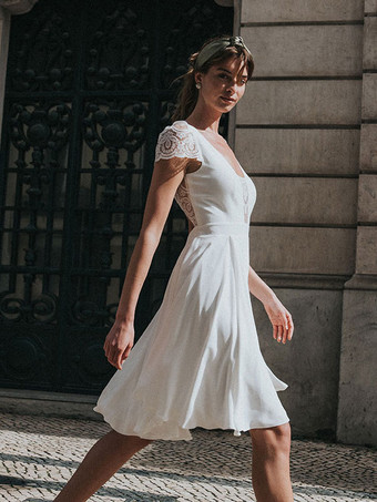 ショートウェディングドレス 膝丈 Vネック 半袖 Aライン ストレッチクレープ ブライダルドレス 無料カスタマイズ