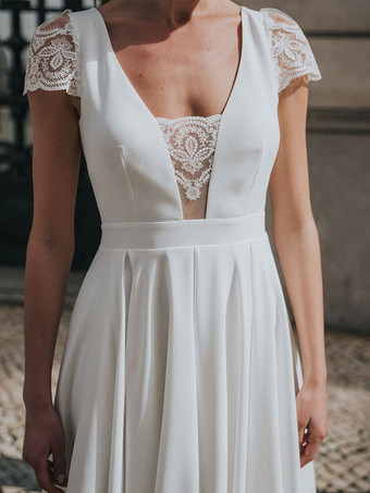 ショートウェディングドレス 膝丈 Vネック 半袖 Aライン ストレッチクレープ ブライダルドレス 無料カスタマイズ