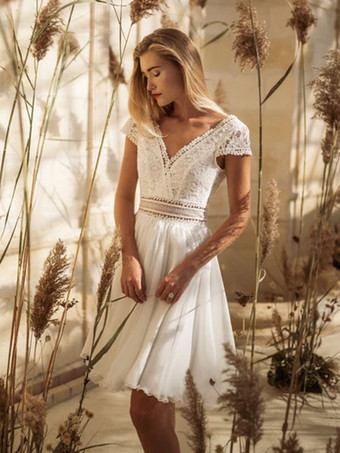 Brautkleider Kurz elfenbeinfarbe Kurzarm V-Ausschnitt Hochzeitskleid Kurz
