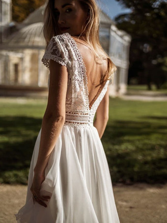 ショートウェディングドレス 膝丈 Vネック 半袖 Aライン レース ショートブライダルドレス 無料カスタマイズ