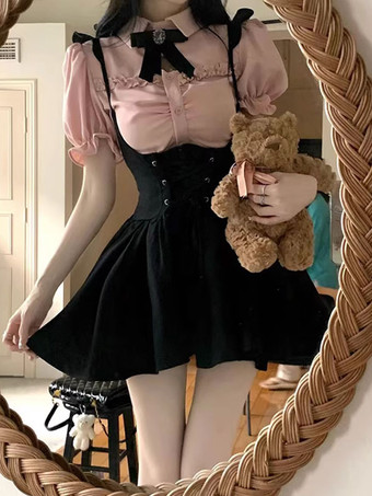 ゴシックロリータ衣装ブラックレースアップアカデミックストラップブラックサスペンダースカートドレス