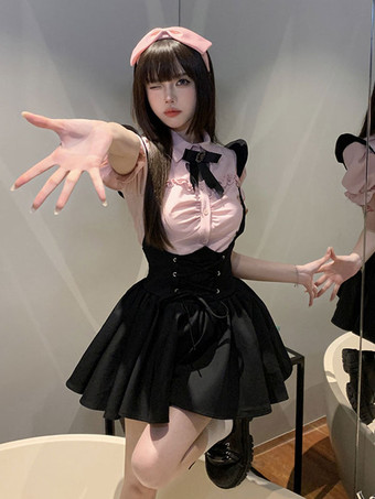 ゴシックロリータ衣装ブラックレースアップアカデミックストラップブラックサスペンダースカートドレス