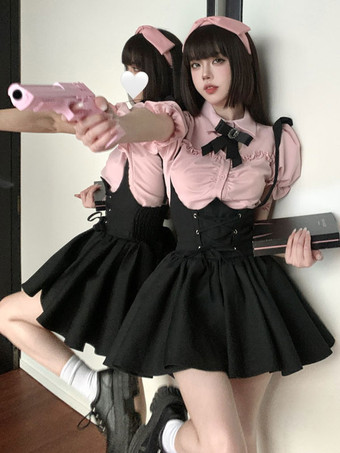 ゴシックロリータ衣装ブラックレースアップアカデミックストラップブラックサスペンダースカートドレス