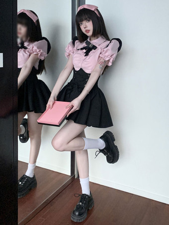 ゴシックロリータ衣装ブラックレースアップアカデミックストラップブラックサスペンダースカートドレス