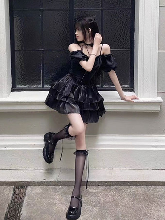 ゴスロリ ドレス ティアード フリル ブラック ブラック