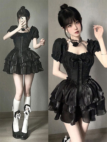 ゴスロリ ドレス ティアード フリル ブラック ブラック