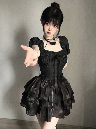 ゴスロリ ドレス ティアード フリル ブラック ブラック