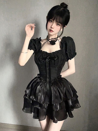 ブラック ゴスロリ ドレス ティアード フリル ブラック ブラック