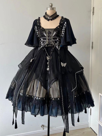 ゴシックロリータ ドレス メタルディテール レース バタフライパターン ブラック ブラック
