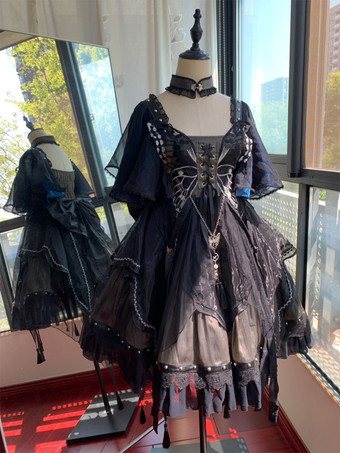 ゴシックロリータ ドレス メタルディテール レース バタフライパターン ブラック ブラック