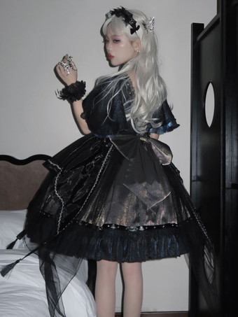 ゴシックロリータ ドレス メタルディテール レース バタフライパターン ブラック ブラック