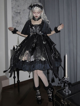 ゴシックロリータ ドレス メタルディテール レース バタフライパターン ブラック ブラック