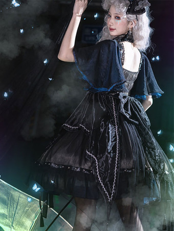 ゴシックロリータ ドレス メタルディテール レース バタフライパターン ブラック ブラック