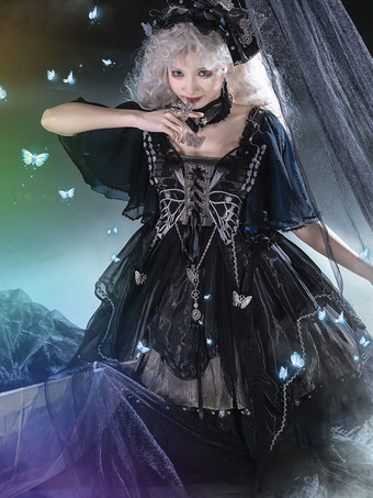 ゴシックロリータ ドレス メタルディテール レース バタフライパターン ブラック ブラック