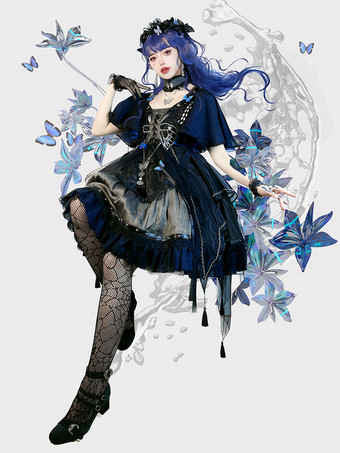 ゴシックロリータ ドレス メタルディテール レース バタフライパターン ブラック ブラック