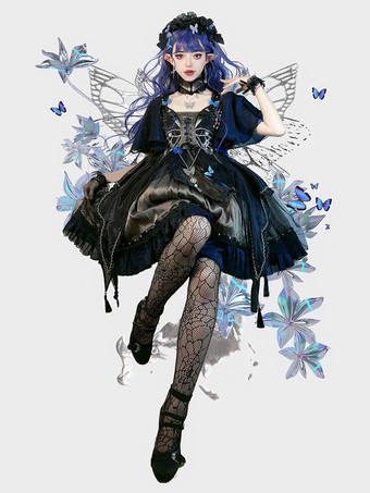 ゴシックロリータ ドレス メタルディテール レース バタフライパターン ブラック ブラック