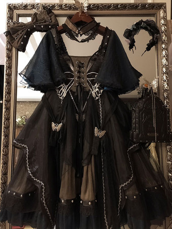 ゴシックロリータ ドレス メタルディテール レース バタフライパターン ブラック ブラック