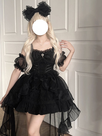 ブラック スイートロリータドレス レースアップ リボン スリップドレス メッシュ ハイロースカート