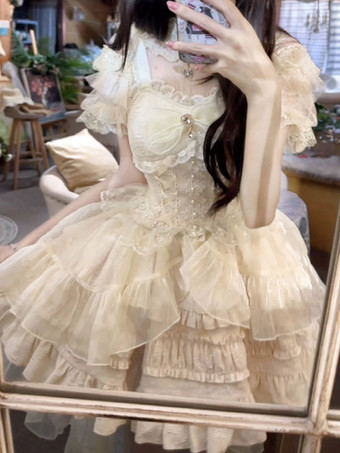 ライト アプリコットスイートロリータドレス レースアップ リボン スリップドレス メッシュ ハイロースカート