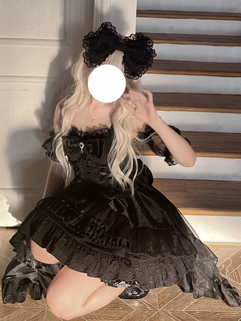 スイートロリータドレス レースアップ リボン スリップドレス メッシュ ハイロースカート