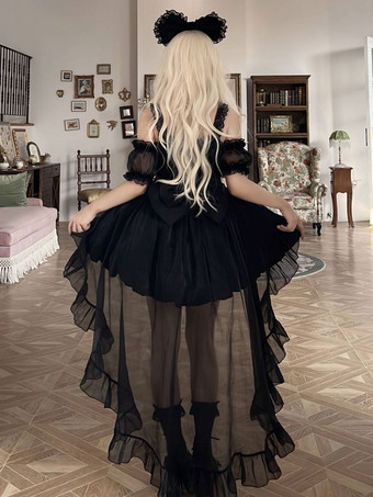 スイートロリータドレス レースアップ リボン スリップドレス メッシュ ハイロースカート