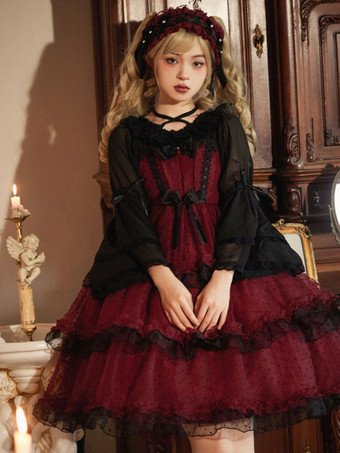 ハロウィン ゴシックロリータ ドレス フリル リボン バーガンディ バーガンディ