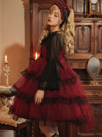ハロウィン ゴシックロリータ ドレス フリル リボン バーガンディ バーガンディ