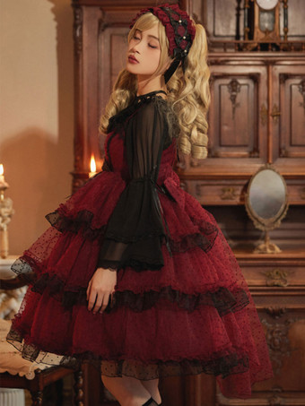 ハロウィン ゴシックロリータ ドレス フリル リボン バーガンディ バーガンディ
