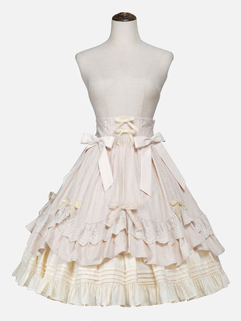 アイボリー スチームパンクロリータSKブラックリボンレースロリータスカート