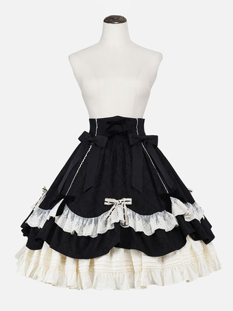 スチームパンクロリータSKブラックリボンレースロリータスカート