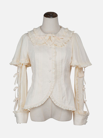 アイボリー 甘いロリータ ブラウス エクリュ ホワイト 長袖 ロリータ トップ リボン フリル ロリータ シャツ