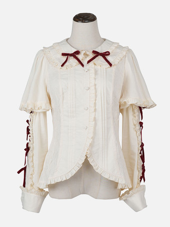 ワインレッド 甘いロリータ ブラウス エクリュ ホワイト 長袖 ロリータ トップ リボン フリル ロリータ シャツ