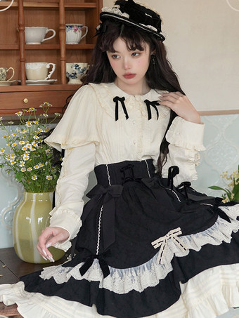 甘いロリータ ブラウス エクリュ ホワイト 長袖 ロリータ トップ リボン フリル ロリータ シャツ