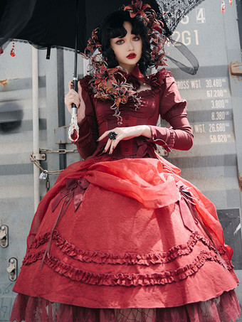 ワインレッド ゴスロリスカート 黒リボンフリルロリータスカート