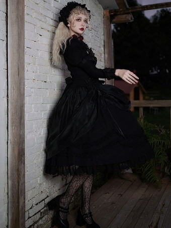 ゴスロリスカート 黒リボンフリルロリータスカート