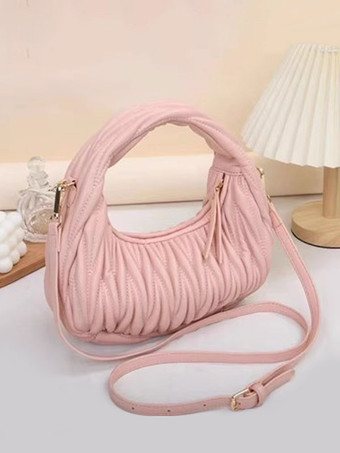 ピンクレディースバッグ ピンク プリーツ PUレザー ホーボーバッグ